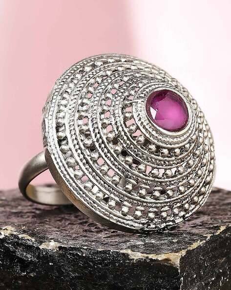 Oomph Women Oxidised Stone-Studded Cocktail Ring