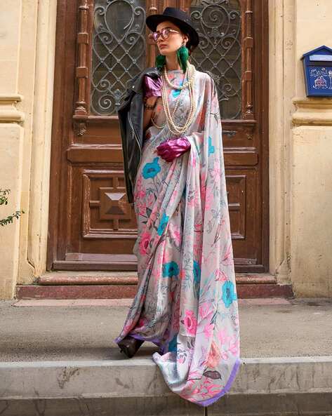 Ri-wah Women Floral Print Satin Silk Saree