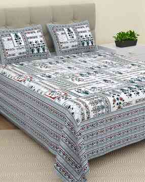 Floral Print Double King-Size Bedsheet with Pillow Covers-image-39