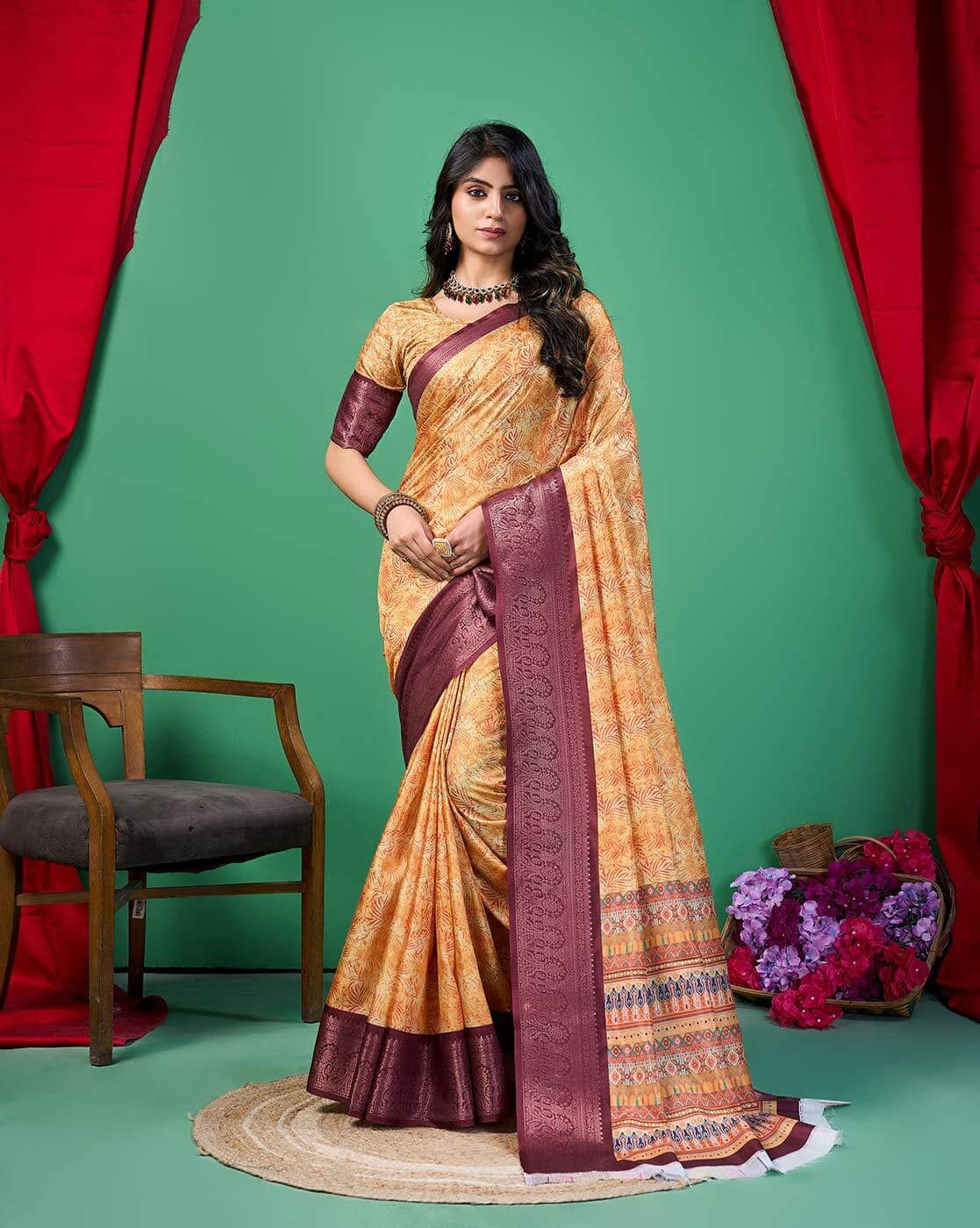 Fashionfricks Women Floral Print Dola Silk Saree For Women (Multi, OS)