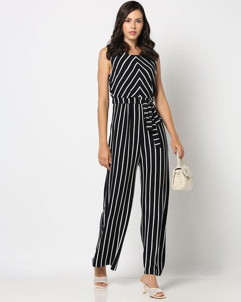 Women Striped Jumpsuit with Tie-Up Belt