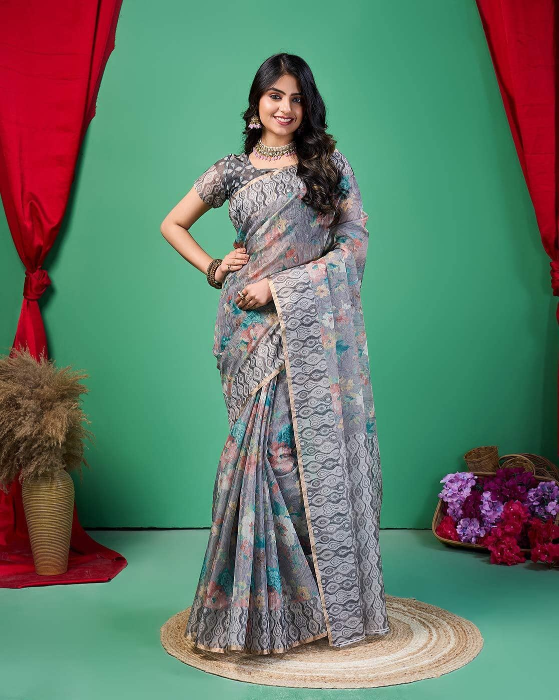 Fashionfricks Women Floral Print Dola Silk Saree For Women (Multi, OS)