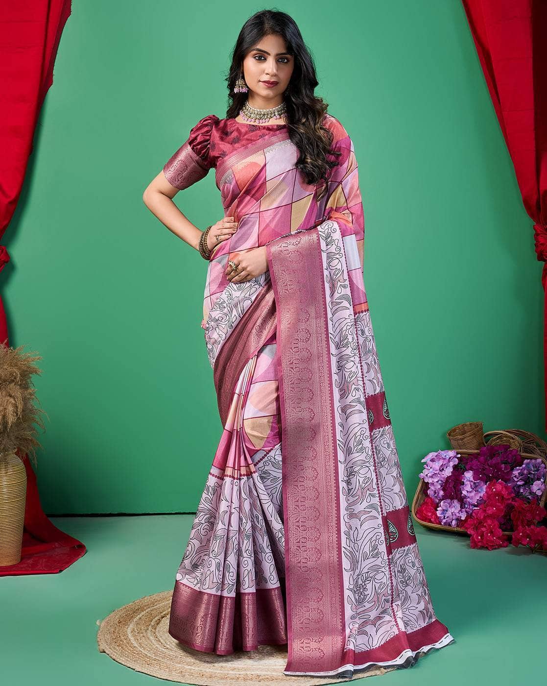 Fashionfricks Women Floral Print Dola Silk Saree For Women (Multi, OS)