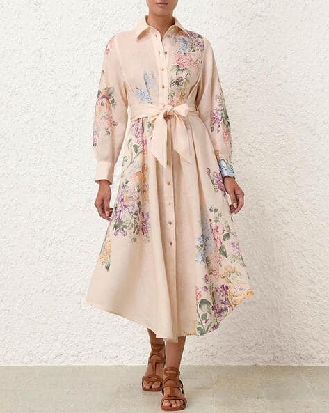 Buy Zimmermann Halliday Linen Tucked Shirt Dress Cream Color - Main Image