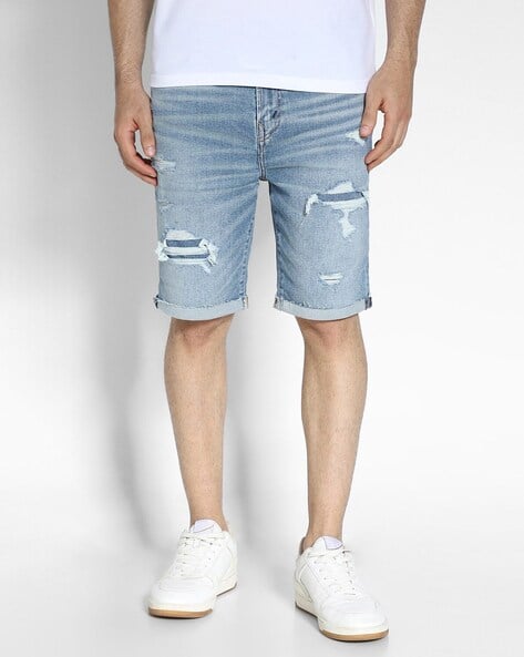 Men Washed Distressed Denim Shorts