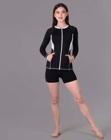 Women Colourblock Zip-Front Rashguard 2-Piece Swimset