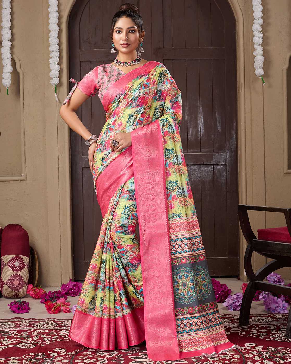 Fashionfricks Women Floral Print Dola Silk Saree For Women (Multi, OS)