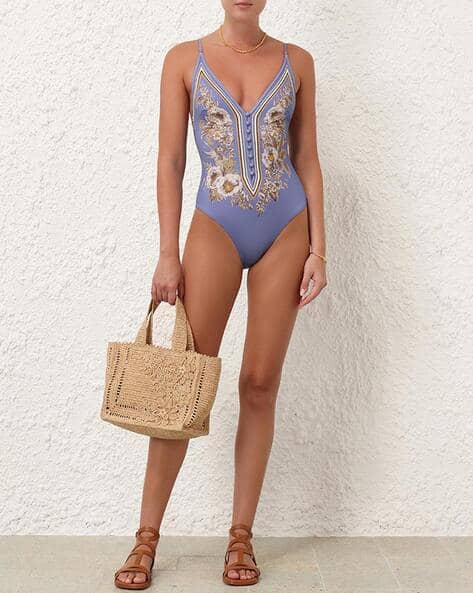 Buy Zimmermann Ottie Button Plunge Swimsuit | Blue Color