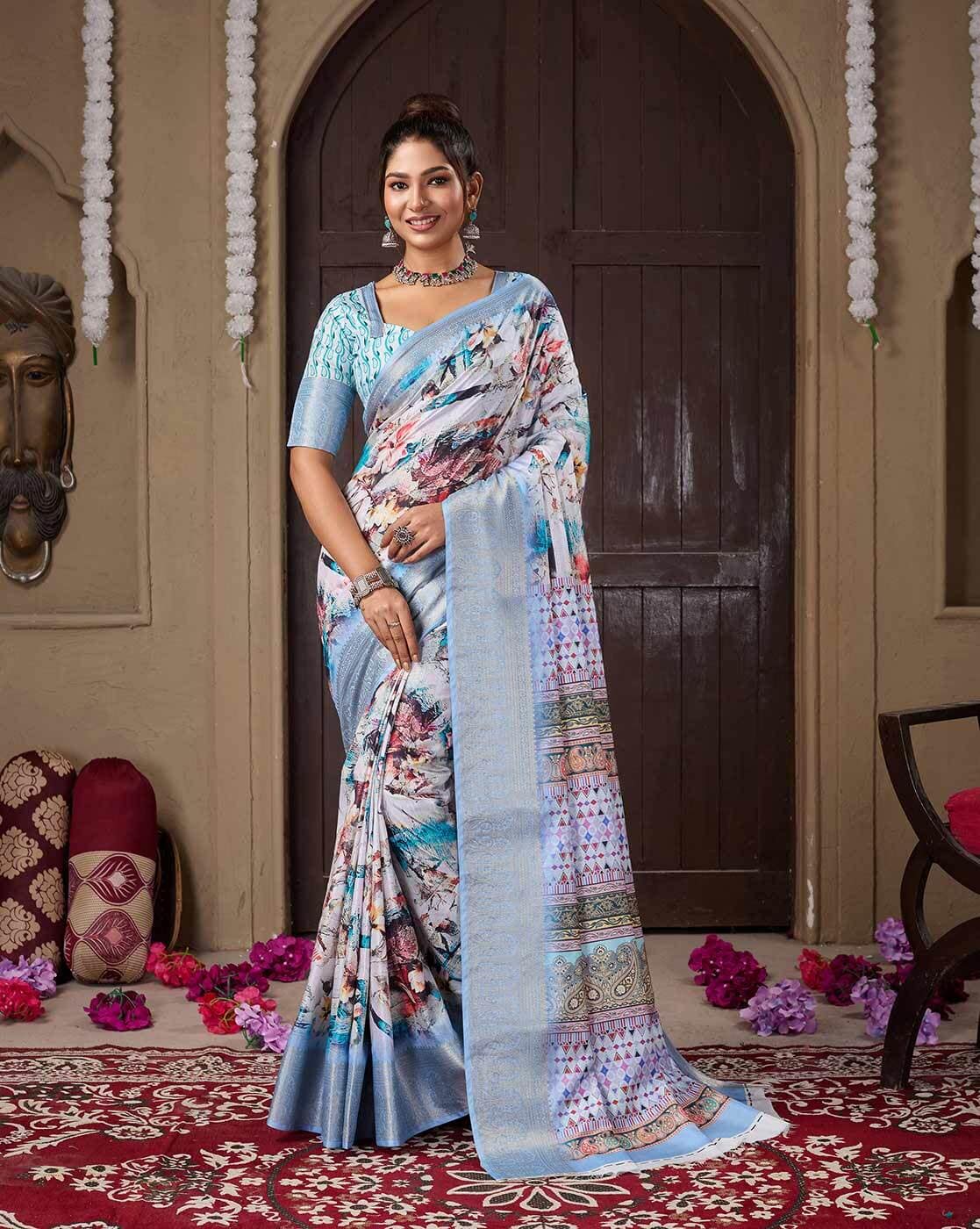 Fashionfricks Women Floral Print Dola Silk Saree For Women (Multi, OS)