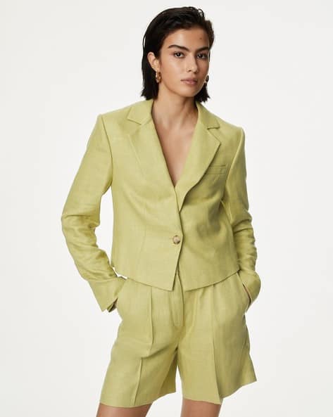 Marks & Spencer Linen Blend Revere Collar Cropped Blazer