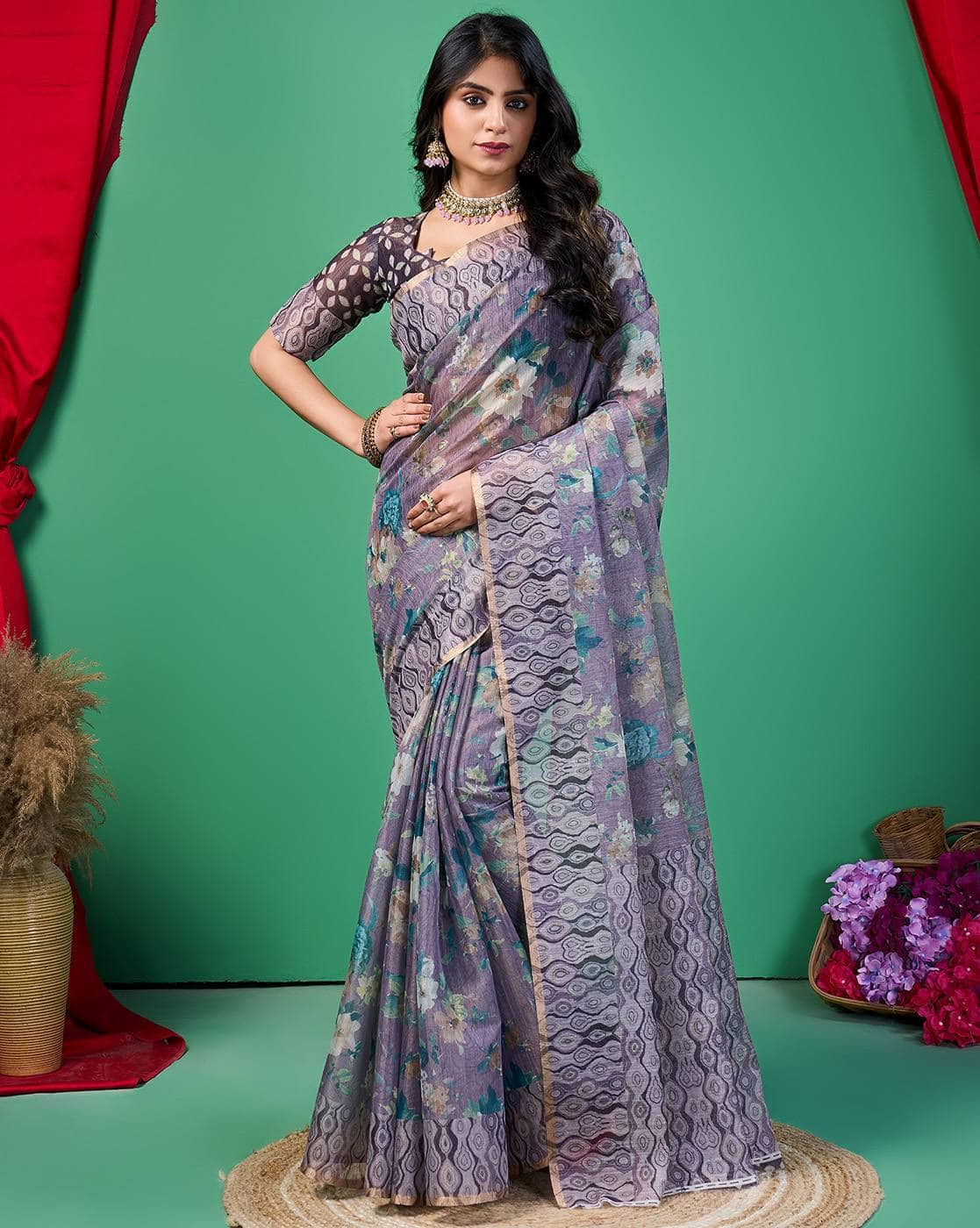 Fashionfricks Women Floral Print Dola Silk Saree For Women (Multi, OS)