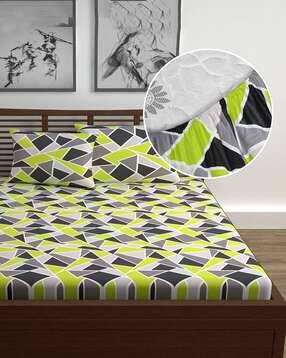 divine casa 144 TC Geometric Print Double Size Fitted Bedsheet with 2 Pillow Covers-picture-33