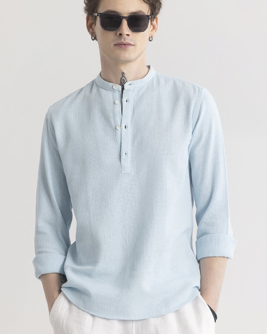 Buy Snitch Men Slim Fit Band-Collar Shirt Online | Ajio.com