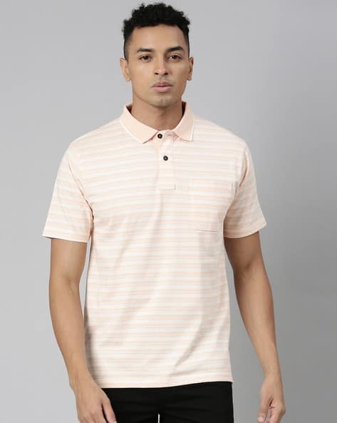 Men Striped Slim Fit Polo T-Shirt with Patch Pocket