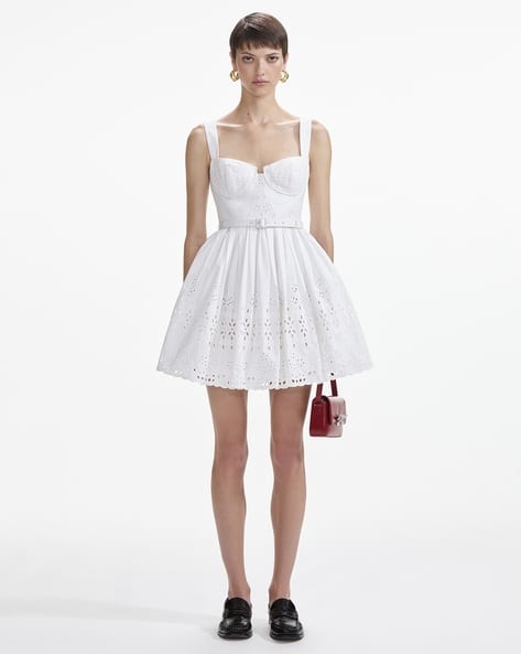 Buy Self Portrait Cotton Broderie Fit And Flare Mini Dress White
