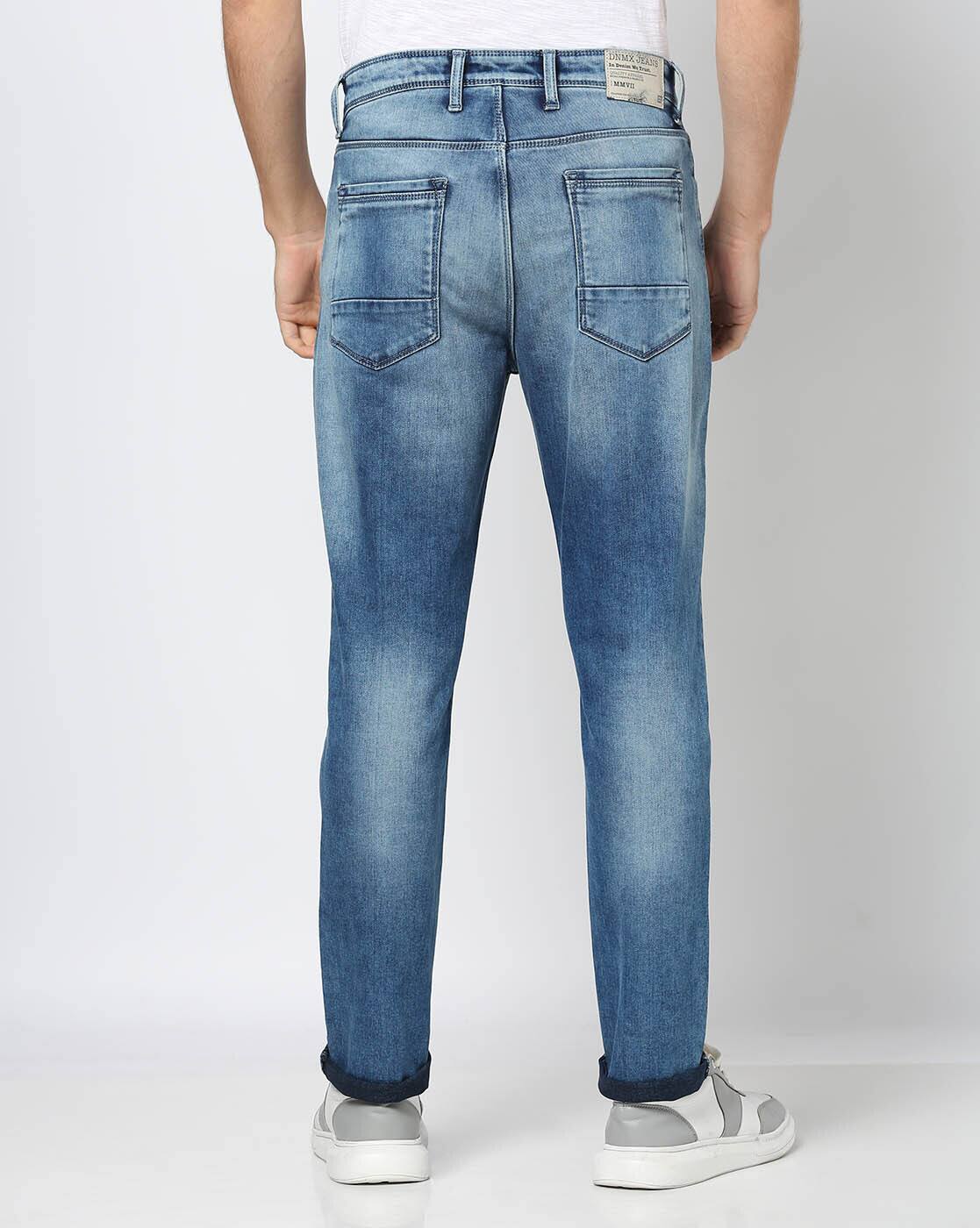 Men Heavily Washed Straight Jeans