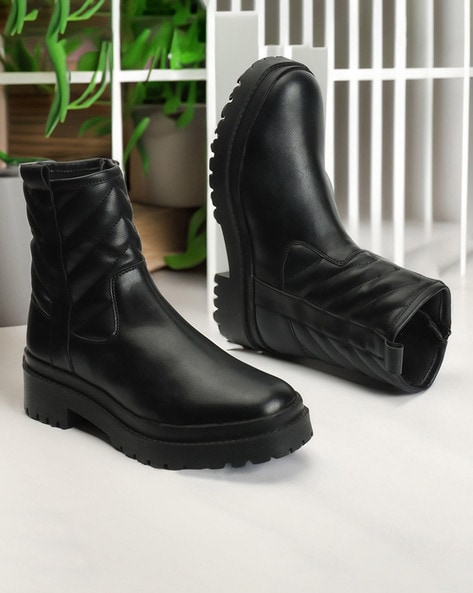 Women Quilted Mid Calf Length Slip On Boots