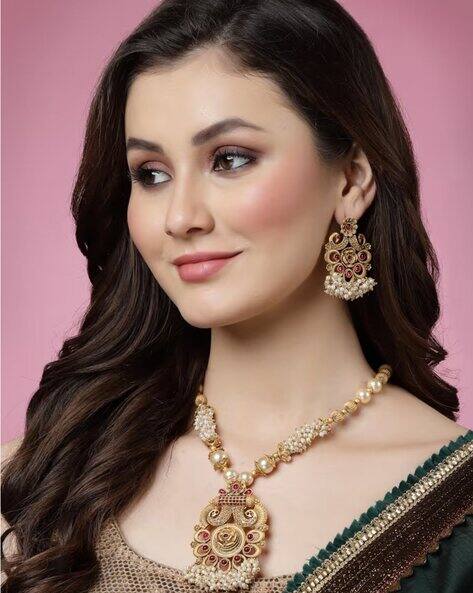 Women Gold-Plated Stone-Studded Beaded Necklace Earrings Set