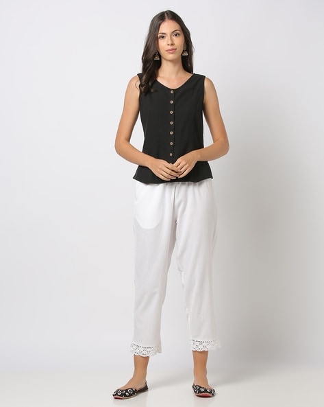 Women Straight Pants with Lace Hemline Price in India