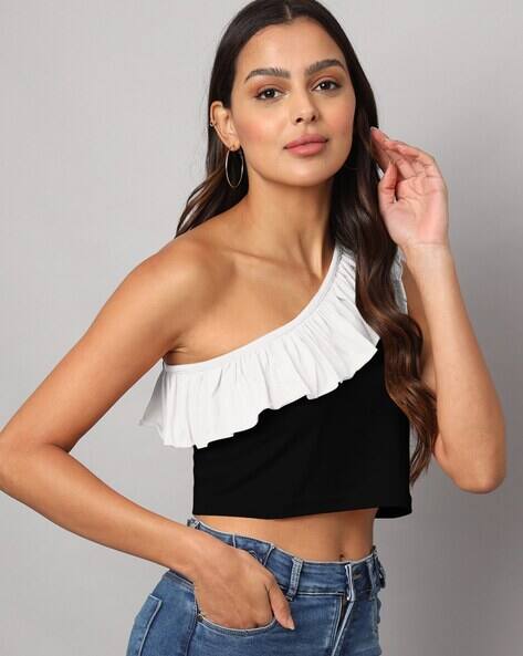 Women One-Shoulder Fitted Top with Ruffled Detail