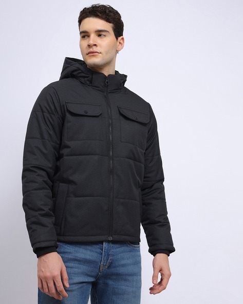 Men Regular Fit Hooded Puffer Jacket with Flap Pockets