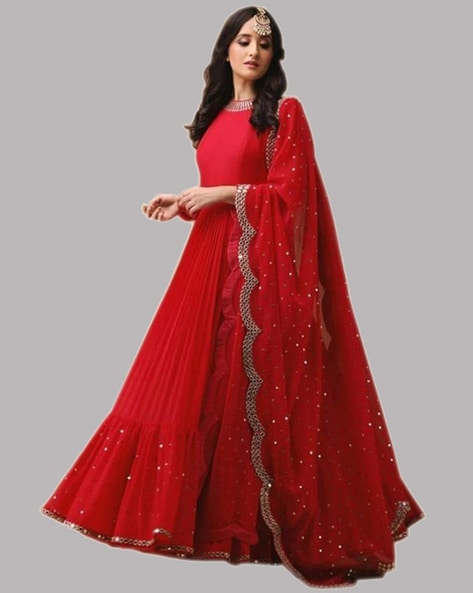 Women Embellished Semi-stitched Anarkali Dress Material Price in India