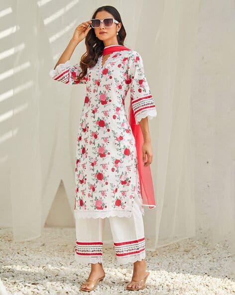 Women Floral Print Straight Kurta with Pants & Dupatta