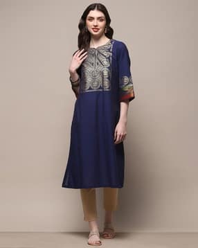 biba Women Block Print V-Neck Straight Kurta-picture-21