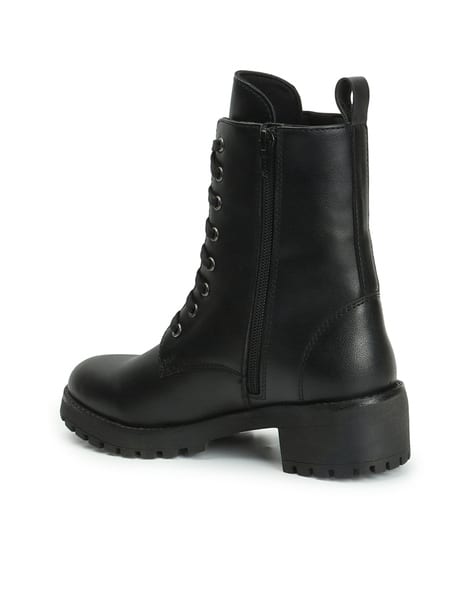 Calf Black Biker Boots Lace Up Bershka Chunky Calf Length Lace Up