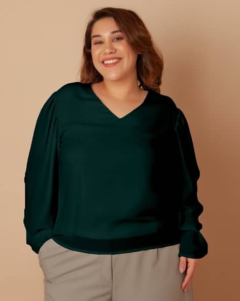 Zink London Women Regular Fit V-Neck Top with Puffed Sleeves