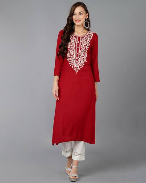 Ahika Women Straight Kurta with Embroidered Yoke