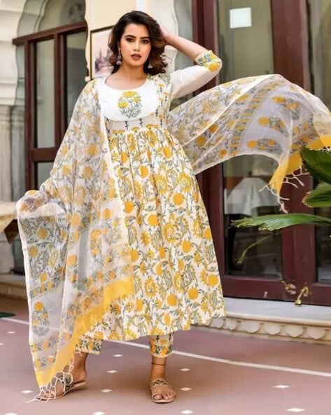 Women Floral Print 3-Piece Semi-Stiched Anarkali Dress Material Price in India