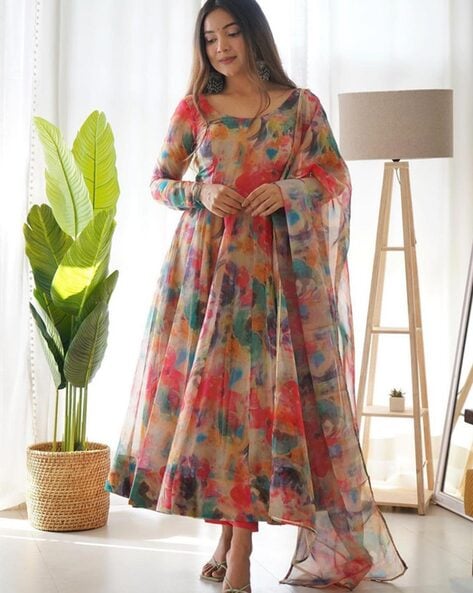 Women Floral Print Semi-Stitched Anarkali Dress Material Price in India