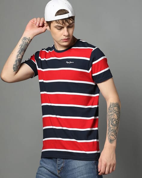 Pepe Jeans Men Striped Slim Fit Crew-Neck T-Shirt