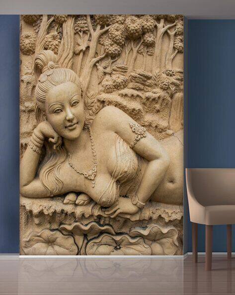 999store White Flowers and Lady Statue Mural Wallpaper