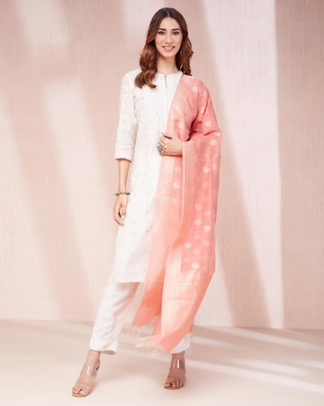 Women Floral Woven Cotton Silk Dupatta Price in India