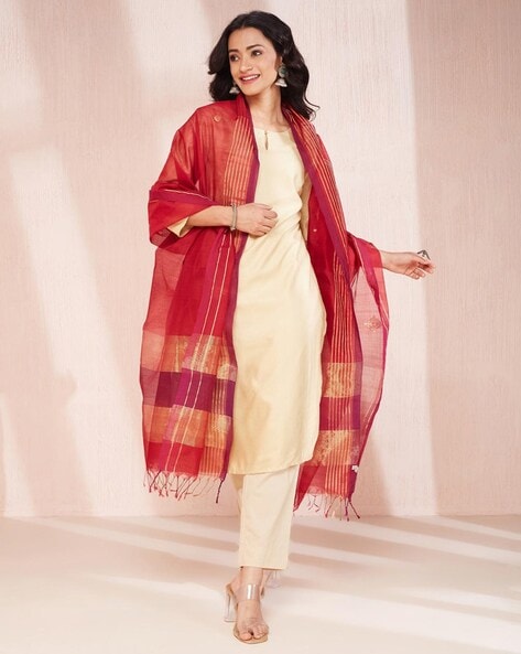 Women Striped Cotton Silk Dupatta with Tassels Price in India