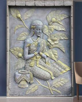 Golden Flowers and Sitting Lady Statue Mural Wallpaper