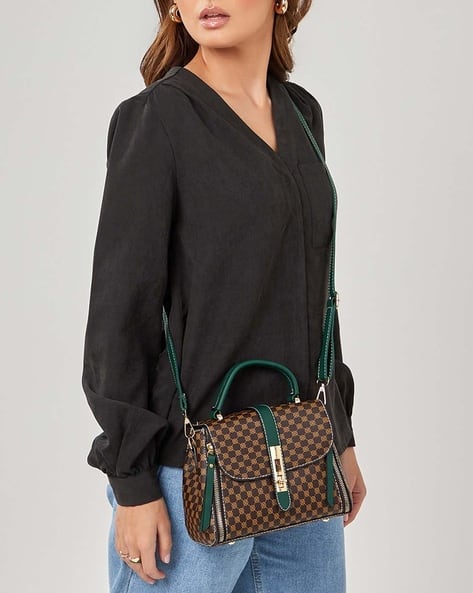 Styli Twist Lock Pattern Print Flap Over Satchel Bag