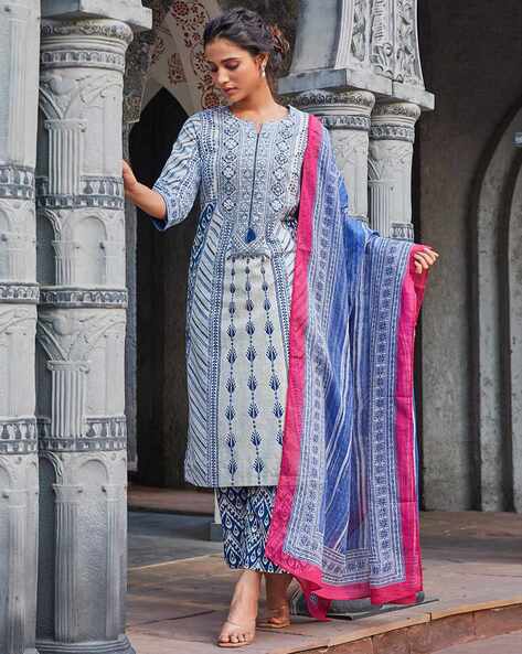 Women Floral Print Cotton Straight with Pants Dupatta