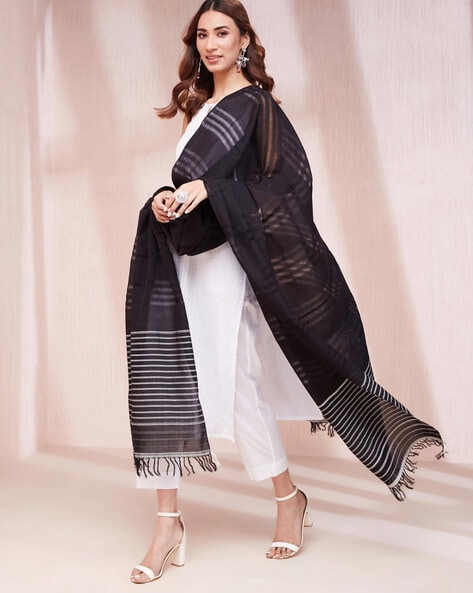 Women Striped Dupatta with Tassels Price in India