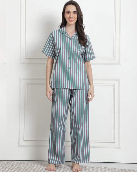 Women Striped Shirt Pyjamas Nightwear Set