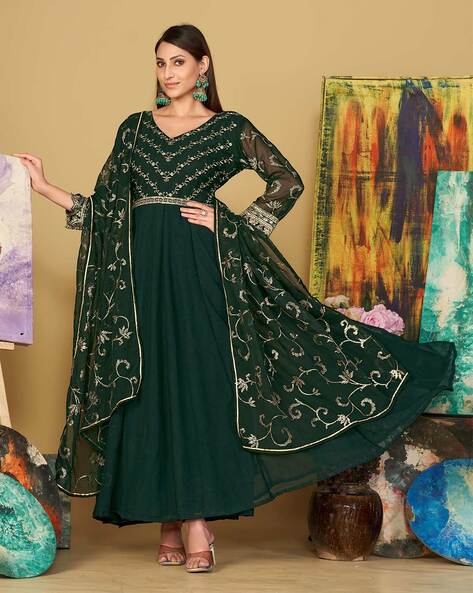 Embroidered 3-Piece Semi-stitched Anarkali Dress Material Price in India