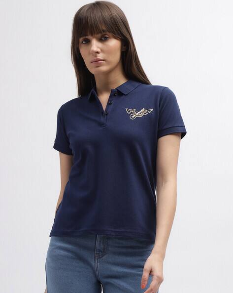 Women Typographic Print Regular Fit Polo T-Shirt