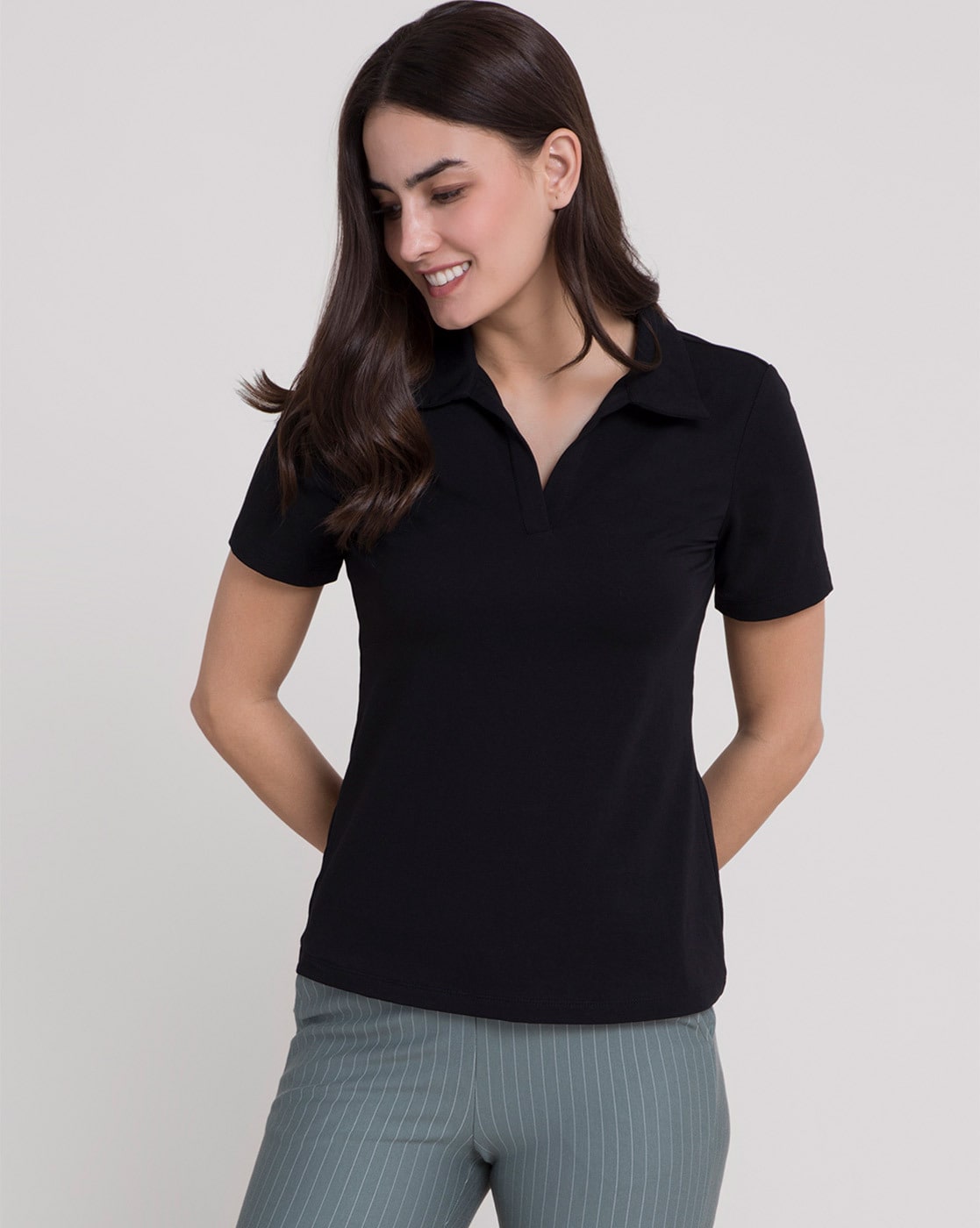 Black polo neck t shirt women's on sale