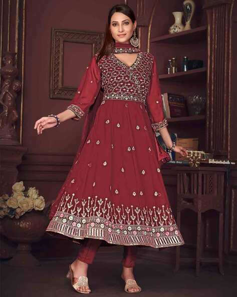 Embroidered 3-Piece Semi-stitched Anarkali Dress Material Price in India