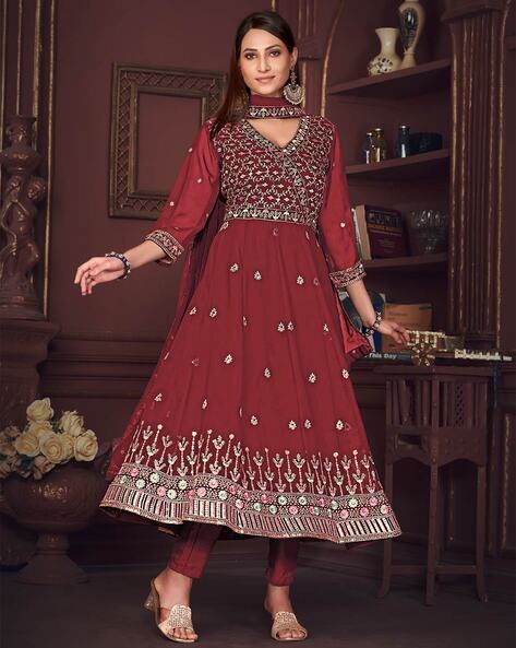 Women Embroidered 3-Piece Semi-Stitched Anarkali Dress Material Price in India
