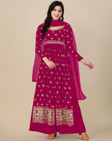 Women Embroidered 3-Piece Semi-Stitched Dress Material Price in India