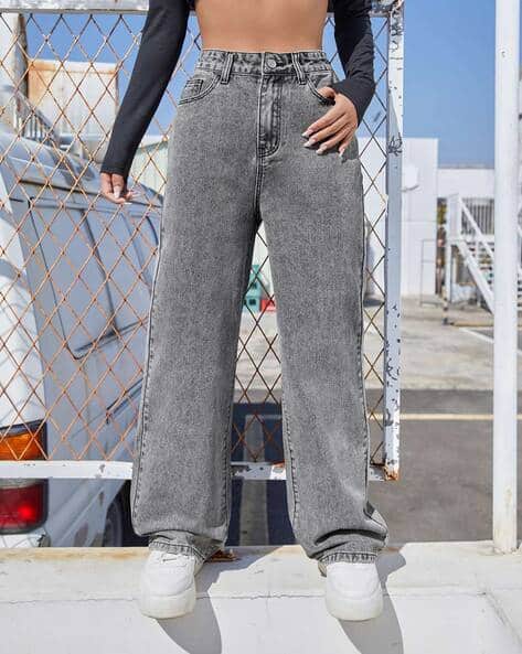 Acid Wash Mid-Rise Straight Jeans