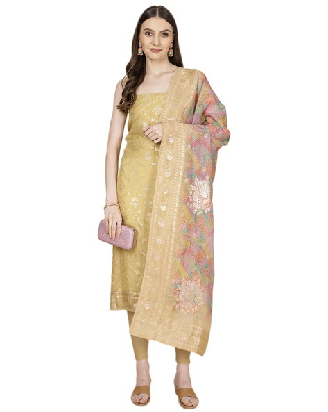 Women Floral Woven 3-Piece Unstitched Dress Material Price in India